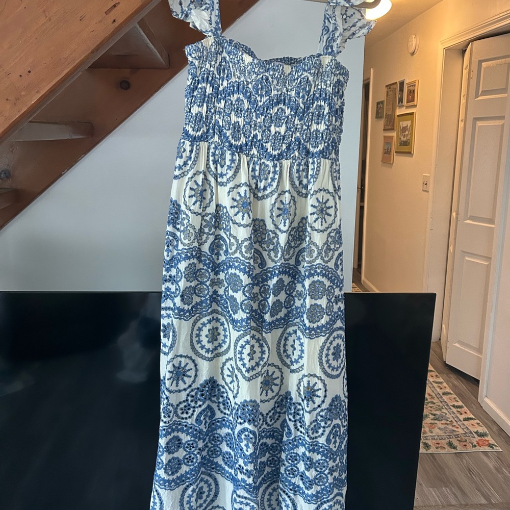 PINK Blue and Cream Smocked Open Back Midi Dress